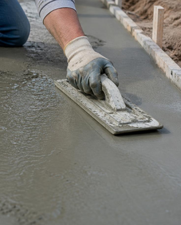 A worker hand-finishing wet concrete with a float